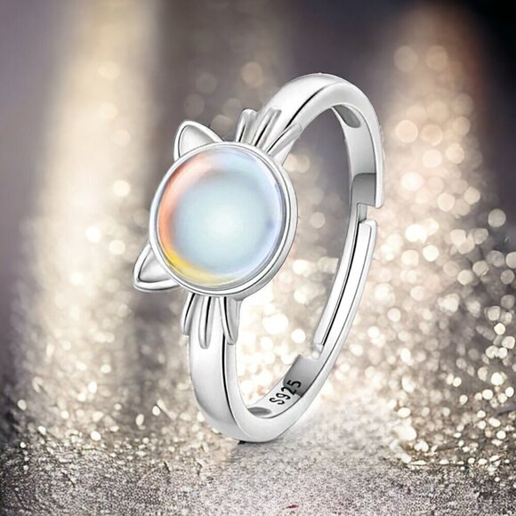 NWT S925 Sterling Silver Round Moonstone Cat Ring Adjustable Sz.6-8 - Picture 5 of 8